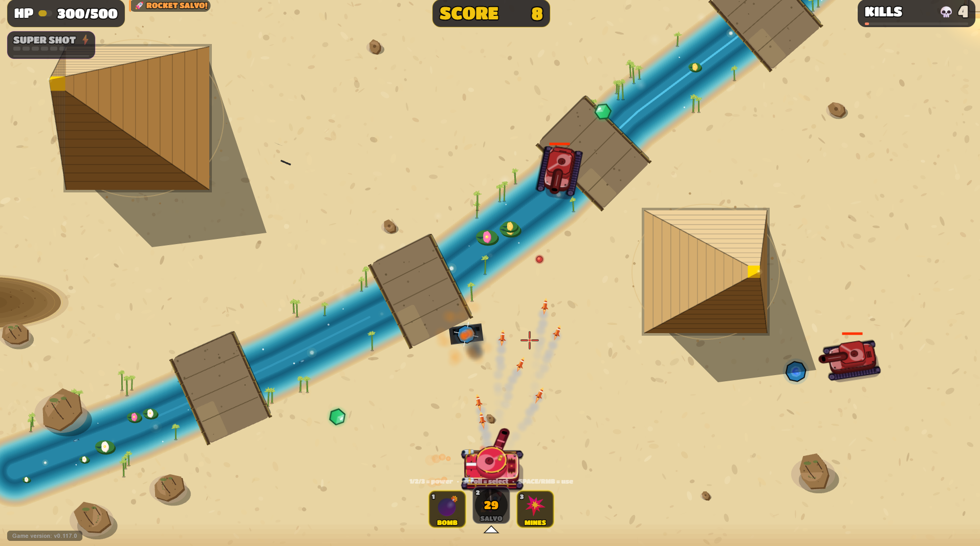 Desert map with a river and bridges, tank duel