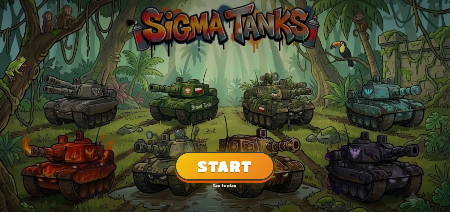 Sigma Tanks title screen with nine tanks in the jungle