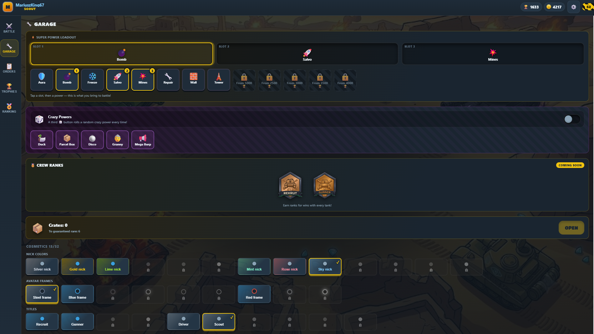 Garage screen with super power loadout and cosmetics