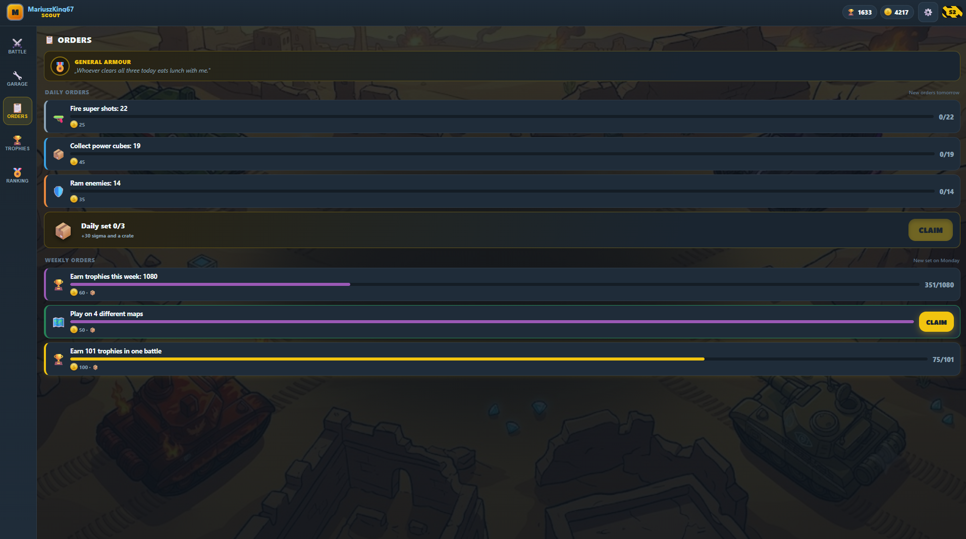 Orders screen with daily and weekly missions